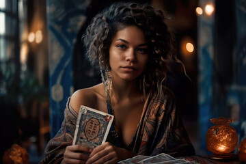 Striking and intricate portrait of a woman tarot reader. Generative AI.