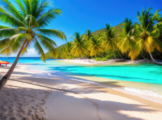 Plakat tropical beach with palm trees with sunshine