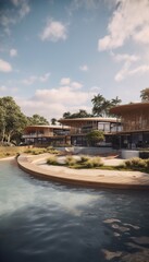 Fototapeta premium Beachfront resort with large pool and beautiful wooden residences surrounded by beach trees Generative AI