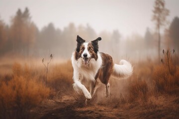 Naklejka na ściany i meble a brown and white dog running through a field of tall grass. generative ai