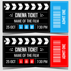 Obraz premium Cinema ticket vector design template in the form of cinematography clapperboard or dumb slate. Film ticket with movie title, date, time and bar code suitable for web, social posts or ready to print.
