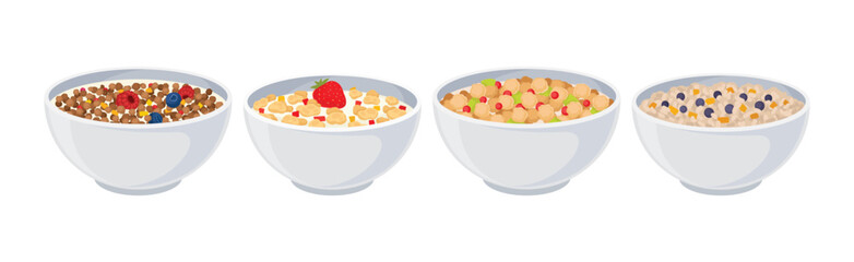 Bowls of Breakfast Cereal with Berries Vector Set
