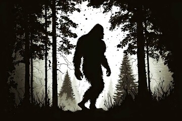 Figure of forest bigfoot on white background with fir trees, created with generative ai