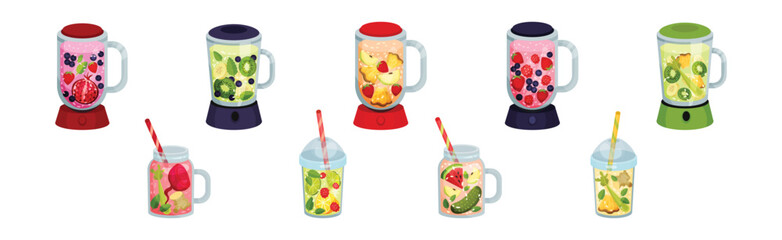 Smoothie in Blender and Jar with Different Ingredients Mixing Together Vector Set