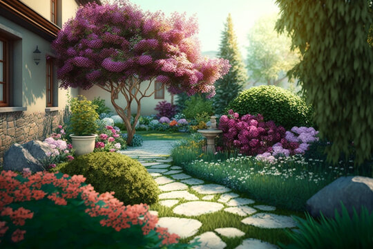 Garden design in spring with flowering trees, shrubs and plants. AI generated image