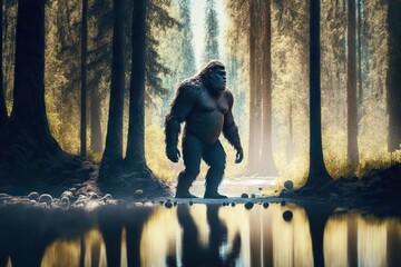 Huge bigfoot walks through water among thick tall trees, created with generative ai - obrazy, fototapety, plakaty
