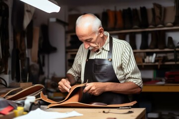 Shoemaker crafting new boots in workshop. Photo generative AI