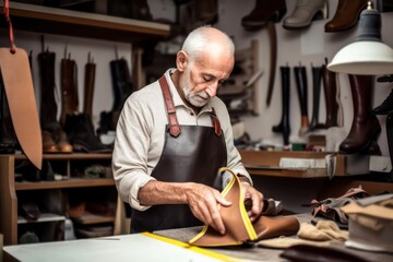 Shoemaker crafting new boots in workshop. Photo generative AI