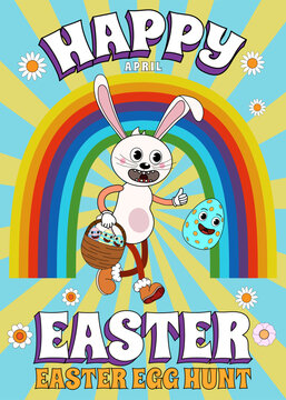 Happy Easter vintage poster Trendy Easter Groovy 1970 style with flowers, egg, rainbow