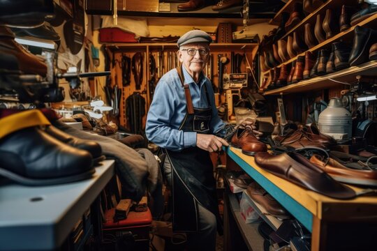 Craftsman's Eye for Detail: Senior Shoemaker Making Shoes. Photo generative AI