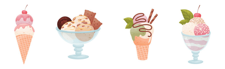 Tasty Ice Cream in Waffle Cone and Cup as Sweetened Frozen Food Vector Set