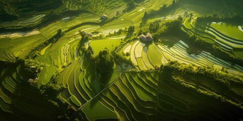 Aerial view of oriental Rice fields, surreal rice cultivation landscape, asian green planes and plantations, generative ai	
