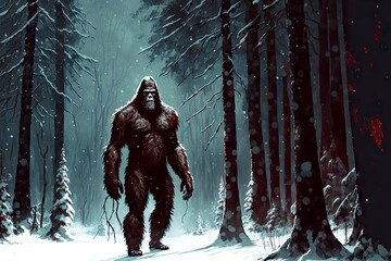 Tall strong monster bigfoot stands next to large coniferous tree, created with generative ai - obrazy, fototapety, plakaty