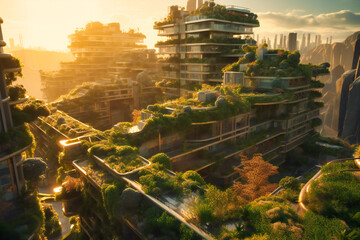 Obraz premium Solar rays illuminate the eco-conscious city, where urban landscapes and nature intertwine, fostering a vibrant, sustainable future for all inhabitants