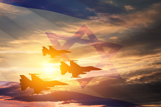Aircraft silhouettes on background of sunset with a transparent waving Israel flag. Military aircraft.