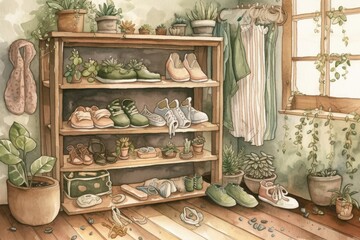 Eco friendly watercolor nursery. Hand painted baby clothing, shoes, houseplant, and books on shelf for kids' rooms. Artwork for greeting card, print, baby shower invitation, social media. Generative
