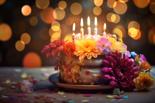 birthday cake with flowers. Generative AI image.