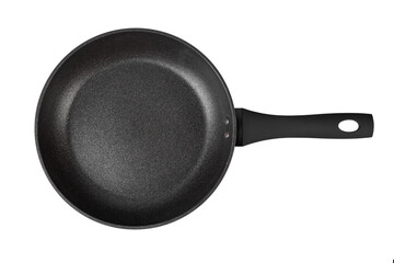 Black frying pan with nonstick surface isolated on white background, close-up, top view.