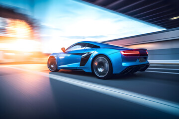 Fototapeta na wymiar Striking futuristic blue color sport automobile on road, back view, generative ai.