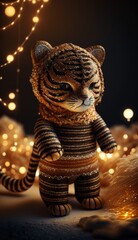 Fototapeta na wymiar Beautiful stuffed tiger toy in outfit, tiger cub doll for children, decorative gift. Character for children's books and stories. Created with AI.