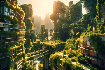 The sun's rays dance upon the green city of the future, highlighting an urban paradise where technological innovation and nature thrive in unison