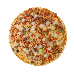 Vegetarian fresh baked crusty pizza with champignons, tomatoes, green herbs and mozzarella isolated