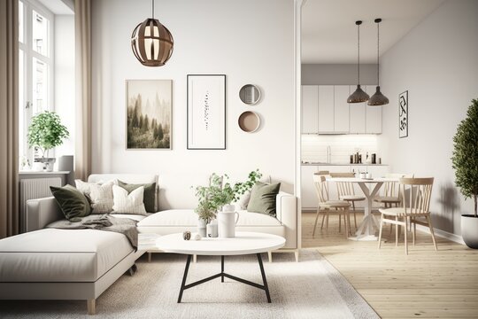 Interior of modern living room with white walls, wooden floor, coffee table