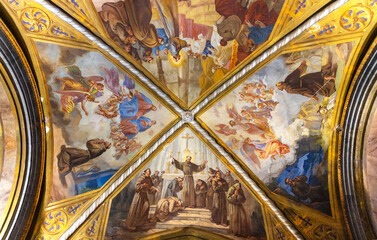 Main nave ceiling frescos of Eglise Sainte Marie des Anges St. Mary of Angels church of Franciscans Monastery in Cimiez district of Nice in France - 585505916