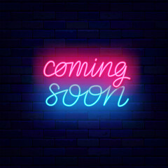 Coming soon neon inscription. Party and sale preparation. Colorful lettering. Vector stock illustration