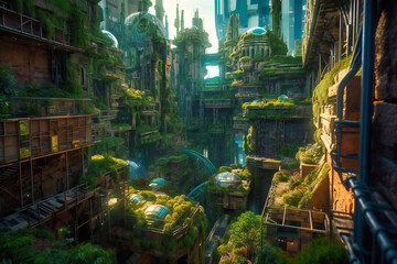 Obraz premium The green futuristic city is a bustling metropolis where towering buildings are adorned with vertical gardens, purifying the air and providing a sanctuary for local wildlife