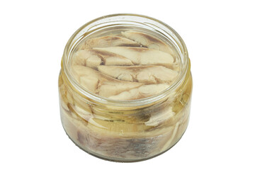 Sliced salted and pickled herring fish in jar isolated on white background. Salted fillet of herring.
