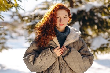 A beautiful young woman with red hair stands in the middle of snow-covered trees. A girl in winter clothes poses against the backdrop of a winter forest.