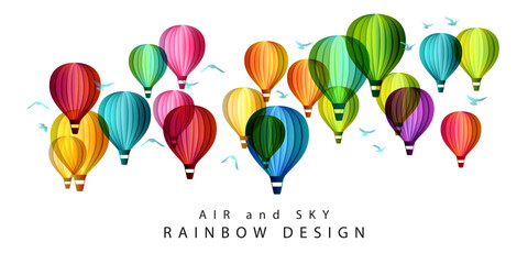 Rainbow air balloons composition. Colorful abstract vector background. Horizontal decor for travel, adventure, holiday or festival conceptual design.