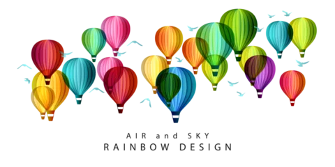Crédence de cuisine en verre imprimé Montgolfière Rainbow air balloons composition. Colorful abstract vector background. Horizontal decor for travel, adventure, holiday or festival conceptual design.