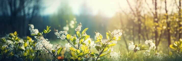 Flowers with grass, sky and forest on a sunny day Generative AI