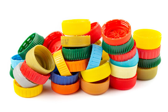 Сolorful plastic caps on white background, recycle for environment concept. Separate wa