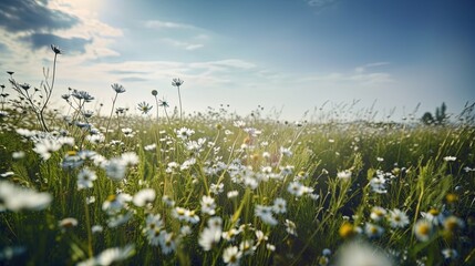 Obraz premium Flowers with grass, sky and forest on a sunny day Generative AI