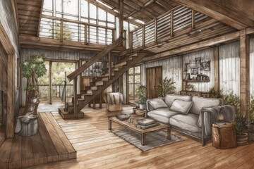 Fototapeta na wymiar Hand drawn sketch unfinished project becomes farmhouse mezzanine living room in bohemian style, architect interior designer idea. Sofa, armchair, side table,. Generative AI