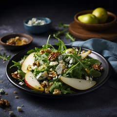 An enticing, high-resolution product presentation photo of a healthy salad, artfully composed with a mix of fresh green salad leaves, rocket salad, cheese, crunchy