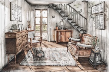 Architect interior designer concept hand drawn draft unfinished idea becomes actual, boho chic living room, chest of drawers, rocking chair. Bohemian farmhouse decor,. Generative AI