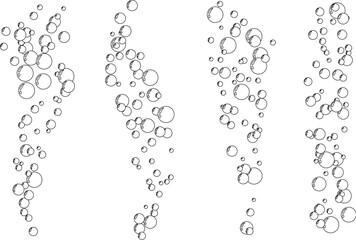 Underwater air bubbles  decoration elements. Fizzy water or soap foam texture. Vector isolated outline design element. Vertical streams collection.