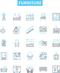 Furniture vector line icons set. Furniture, Chairs, Tables, Sofas, Desks, Stools, Cupboards illustration outline concept symbols and signs