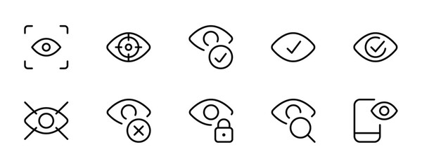 Eye identification icon, Eye recognition icon, retina scan. Iris recognition icon set isolated. Iris scanner icon, Optical scanning vector icon
