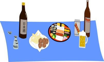 レジャーシートの上の宴会セット