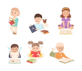 Little Boy and Girl Enjoying Reading Book and Fiction Story Vector Set