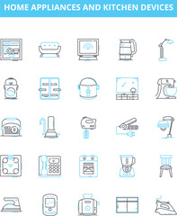 Home appliances and kitchen devices vector line icons set. Stove, Microwave, Kettle, Toaster, Dishwasher, Refrigerator, Blender illustration outline concept symbols and signs