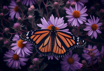 Fototapeta na wymiar Monarch butterfly on purple aster flower in summer floral background. Female monarch butterflies in autumn blooming asters landscape panoramic banner. Generative AI