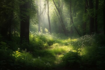 Fototapeta premium Green Forest Landscape with Sunlight, Background Wallpaper