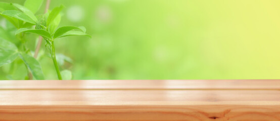 Empty wooden table on the background of a spring yellow-green background. Spring beautiful background. Ready for product montage. Mockup. Banner.Copy space.