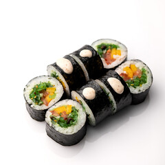Futomaki sushi rolls with hiashi seaweed, pepper and salmon and sauce. Healthy low calorie food. Fitness rolls. Japanese, Asian cuisine. Seafood dishes. White background. View from above. Copy space.